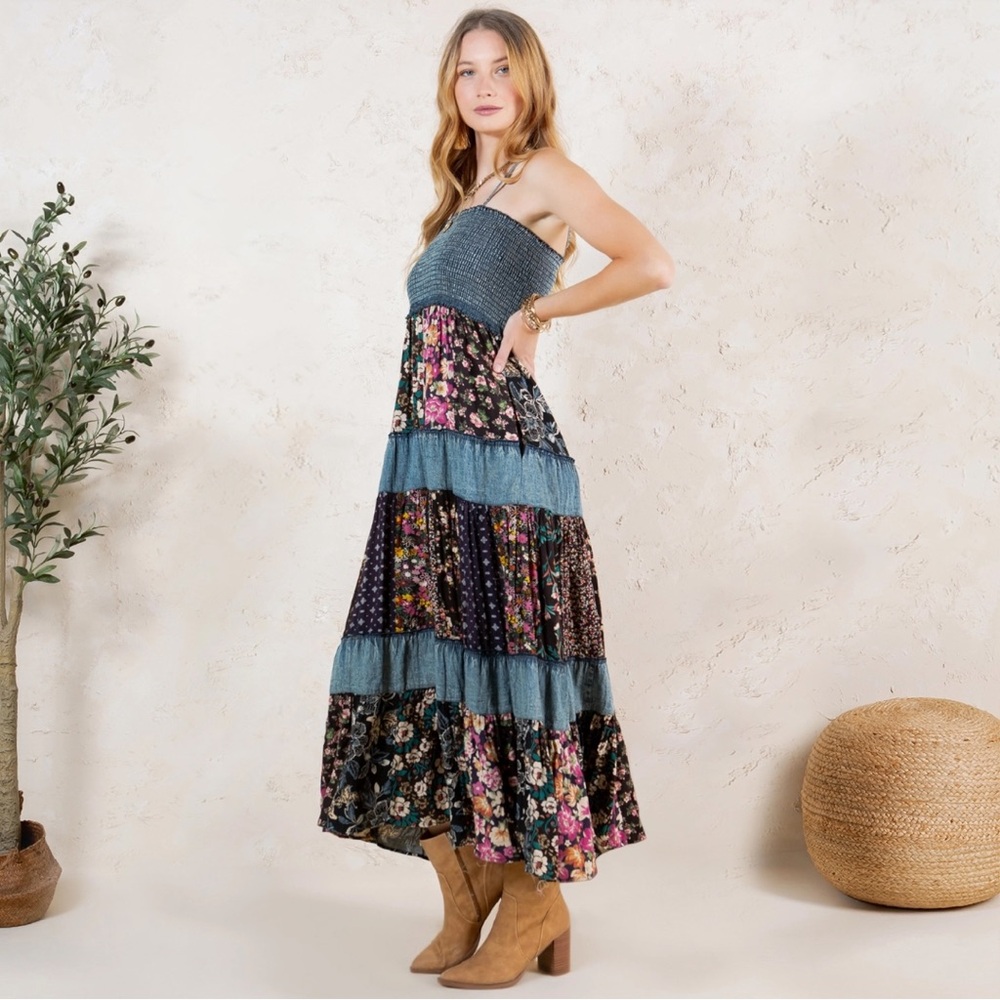 Smocked Tiered Floral Midi Dress in Teal and Black - Picture 2 of 12